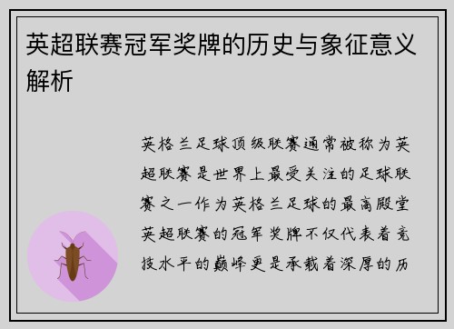 英超联赛冠军奖牌的历史与象征意义解析